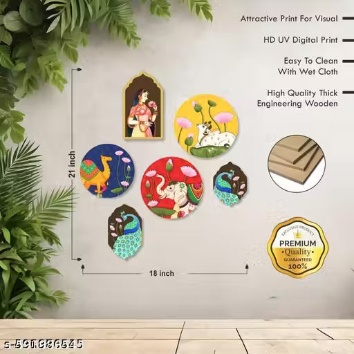 Pichwai Art MDF Wall Painting for Living Room | Wall decor | Home Decor | Wall Hanging ( Set of 6 )