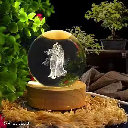 3D Crystal Ball Night Light with Wooden Base, Aesthetic Clear LED Lamp for Home and Bedroom Touch Switch, Warm Light for Kids and Teens Perfect Birthday & Anniversary (Radha Krishna)