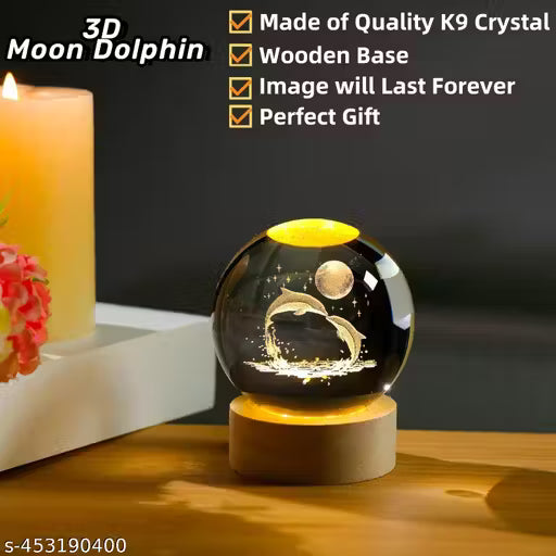 Glass Lamp 3D Ball Astronomy Night Lamp with Base for Living Room Ornament Solar System Fantasy Decoration LED Colorful Lighting Touch Base Moon Light (dolphin)