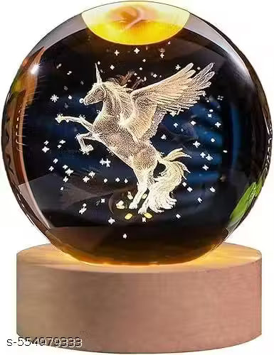 Magical 3D Pegasus Horse Crystal Ball LED Night Lamp with USB-Powered Wooden Base Bedroom, Home Decor &amp; Unique Gift for Birthday, Wedding, Anniversary (pack of 01]