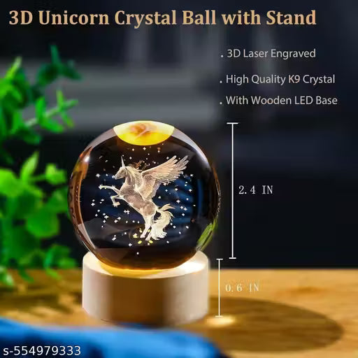Magical 3D Pegasus Horse Crystal Ball LED Night Lamp with USB-Powered Wooden Base Bedroom, Home Decor &amp; Unique Gift for Birthday, Wedding, Anniversary (pack of 01]