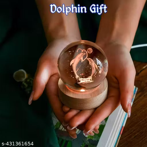 3D Crystal Ball Night Lamp,Solar System, USB Table Colorful LED Wooden Crystal Ball for Home Decoration Birthday Gift for Teens Boys and Girls (Dolphin with Moon)