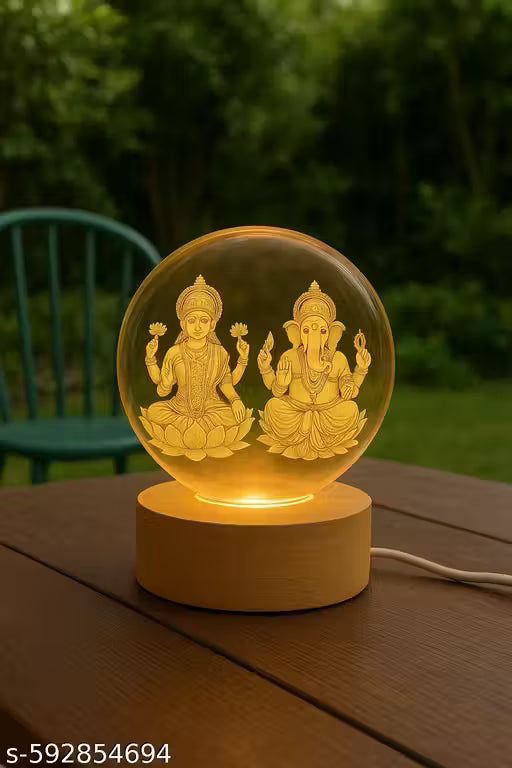 Luxurious and Elegant Engraved Lakshmi and Ganesha 3D Crystal Ball Light – Spiritual LED Lamp for Mandir, Living Room & Festivals