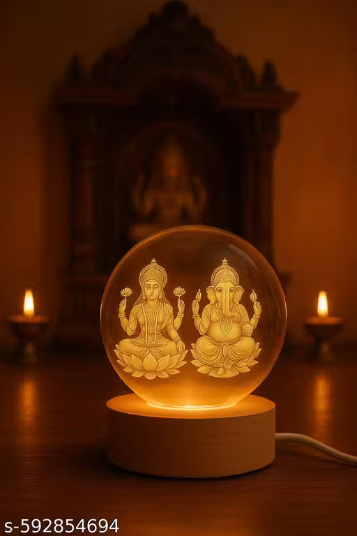 Luxurious and Elegant Engraved Lakshmi and Ganesha 3D Crystal Ball Light – Spiritual LED Lamp for Mandir, Living Room & Festivals