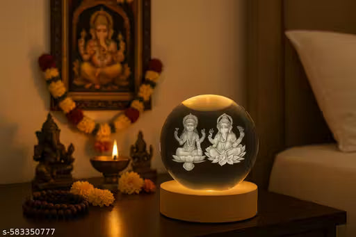 Luxurious and Elegant Engraved Lakshmi and Ganesha 3D Crystal Ball Light – Spiritual LED Lamp for Mandir, Living Room & Festivals