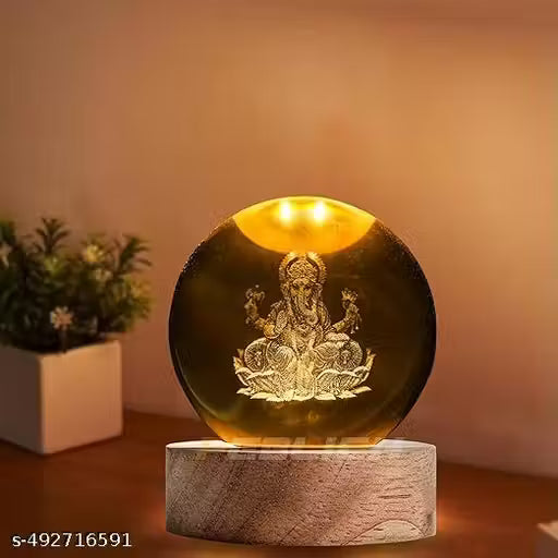 SANWALIYA JI ENTERPRISES 3D Ganesha Crystal Ball Night Lamp, Solar System Ganesha Crystal Ball Night Light, USB Table Colorful Led Wooden Crystal Ball for Home, Office, Birthday Gift (Ganesh)