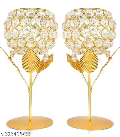 Crystal Diamond Stone Metal Candle Holder Pack Of 2 Gold plated Diwali Deepawali Decorative Item On Any Occasion Handmade Crystal Flower T Light | candle stand |