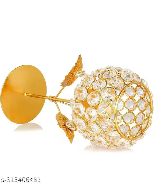 Crystal Diamond Stone Metal Candle Holder Pack Of 2 Gold plated Diwali Deepawali Decorative Item On Any Occasion Handmade Crystal Flower T Light | candle stand |