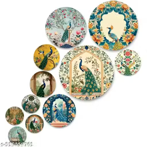 My vibescraft Decorative Set of 11 Wooden peacock Wall painting for Home|Living Room|Bedroom|Home Décor|Gifts