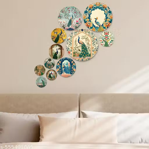 My vibescraft Decorative Set of 11 Wooden peacock Wall painting for Home|Living Room|Bedroom|Home Décor|Gifts