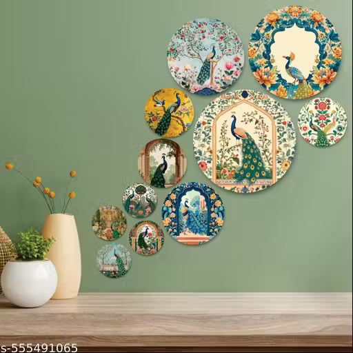 My vibescraft Decorative Set of 11 Wooden peacock Wall painting for Home|Living Room|Bedroom|Home Décor|Gifts
